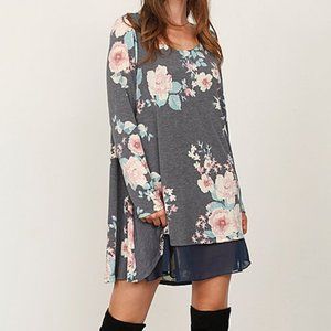 NEW Grey Navy Rose Floral Chiffon Scoop neck Layered Dress M Casual Boho